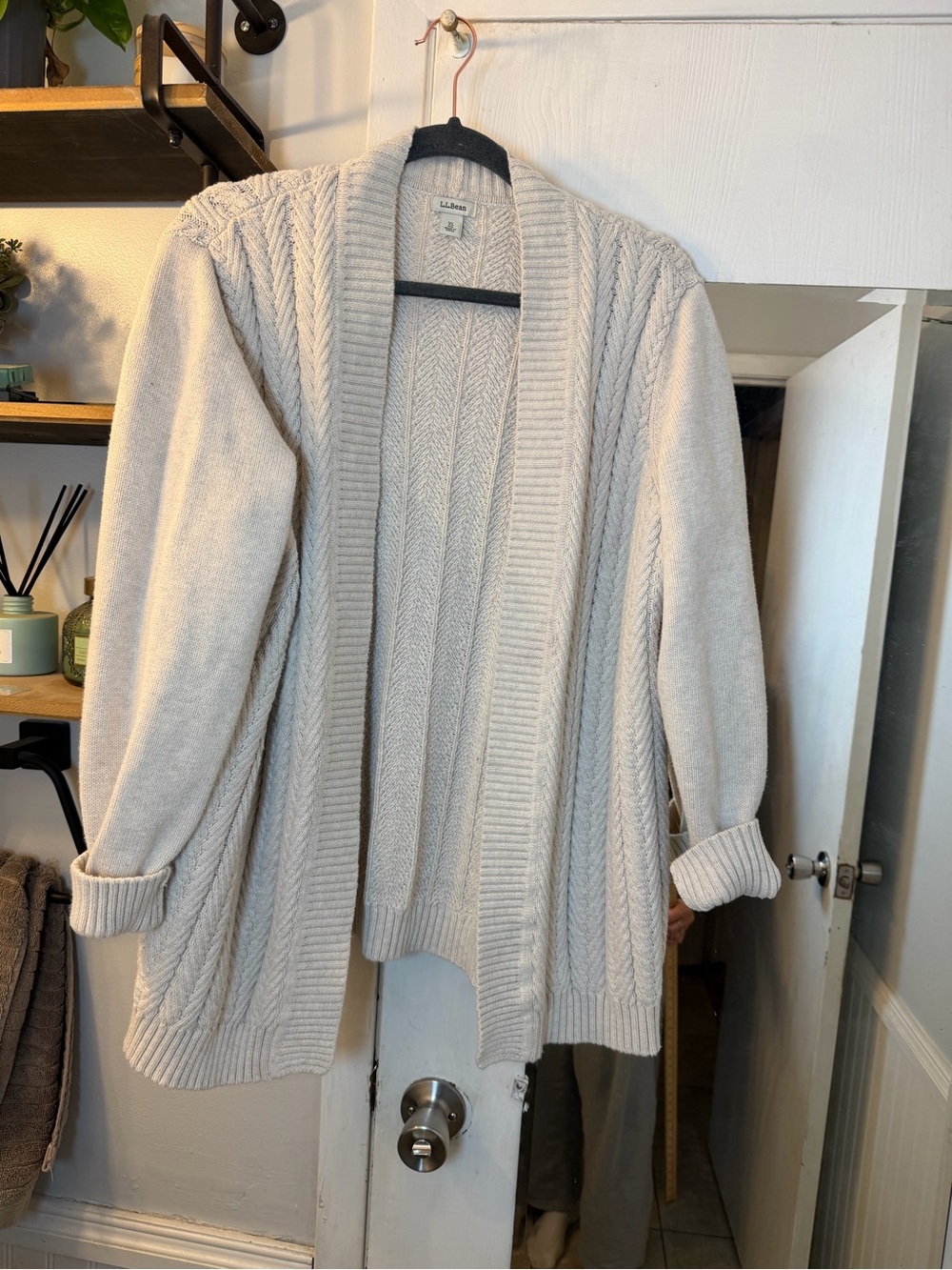 L.L. Bean Cotton Cream Cable-Knit Open-Front Cardigan